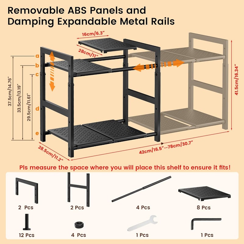 GEMWON Under Sink Organizer and Storage 16.5"-30.7" Expandable Length, Adjustable Height Max 16.7" Under Sink Shelf 2 Tier with Removable ABS Panels Metal Frame for Bathroom Kitchen Pantry Cabitnet Pot Pan - Image 2